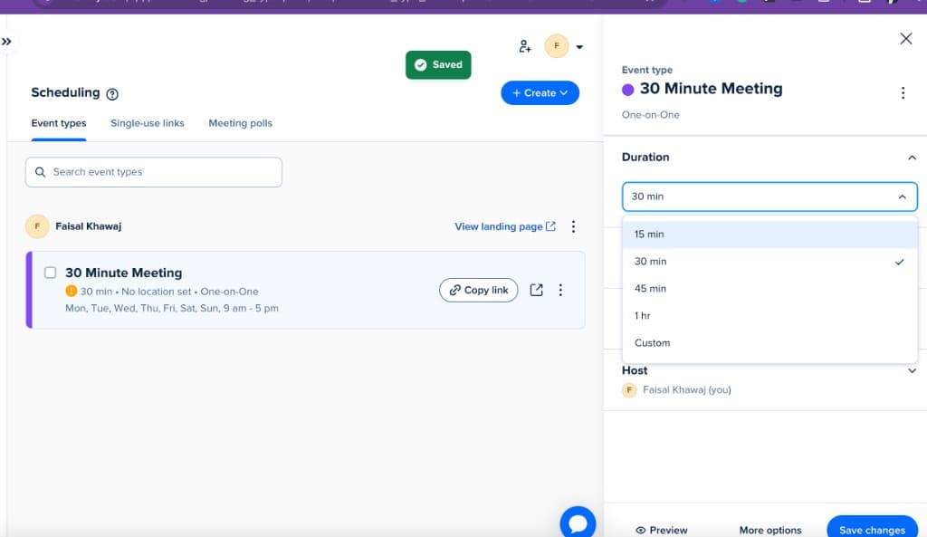 Editing Calendly event duration — selecting 15 min from the dropdown