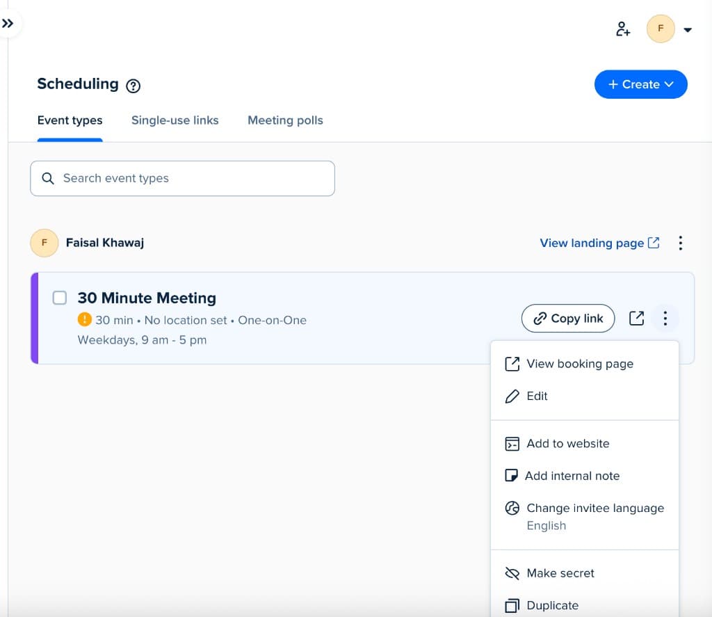 Calendly event menu with Copy link, Edit, and Add to website options