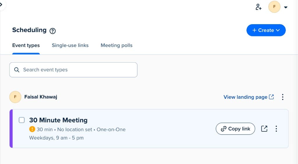 Calendly event types dashboard showing the default 30 Minute Meeting event