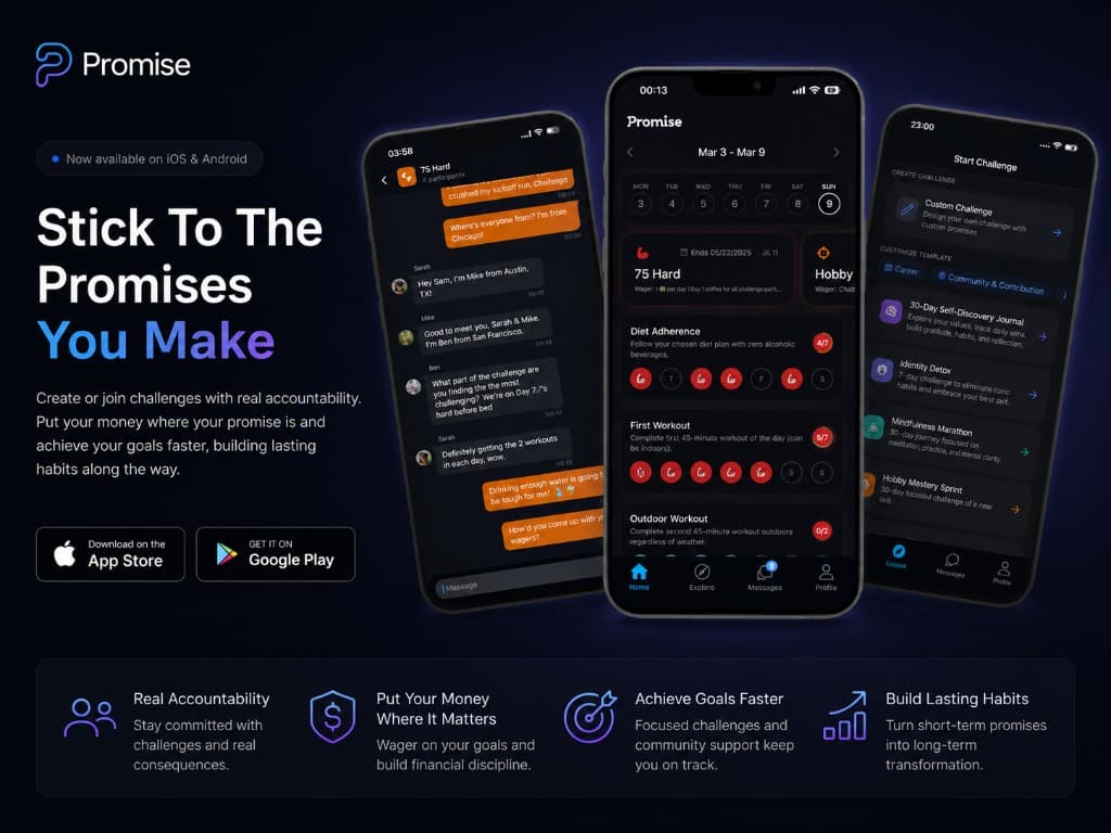 Promise habit-building app — challenges, wagers, and social accountability on iOS and Android