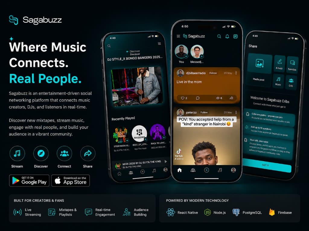 Sagabuzz mobile app — music streaming, social feed, and creator tools on iOS and Android